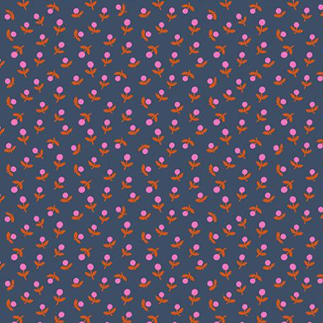 Patterned fabric with pink and orange flowers on a dark blue background, 