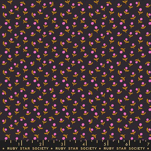 Pattern of pink flowers with yellow stems on a black background, featuring Ruby Star Society label.