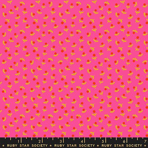 Patterned fabric with red and yellow flowers on a pink background, featuring Ruby Star Society label.