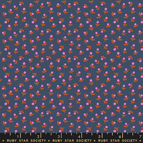 Patterned fabric with pink and orange flowers on a dark blue background, featuring Ruby Star Society label.