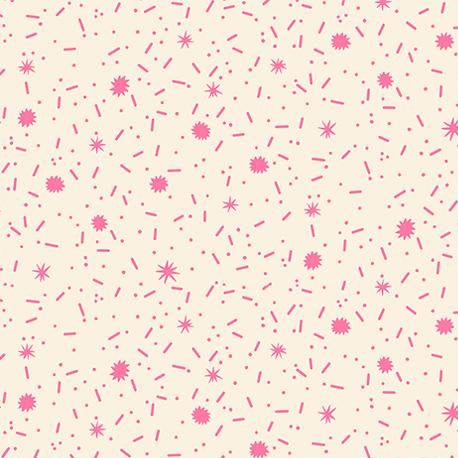 Patterned fabric with pink stars and lines on a beige background