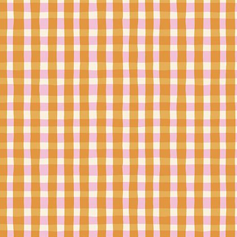 Checkered fabric pattern with orange and pink squares
