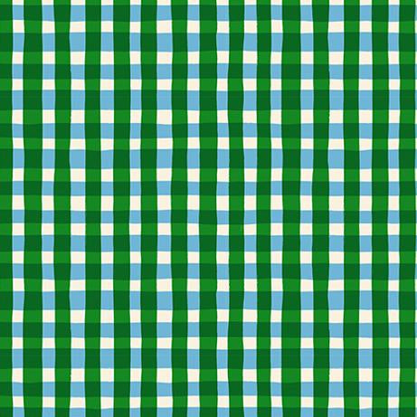 Green, blue, and white checkered fabric with a ruler at the bottom