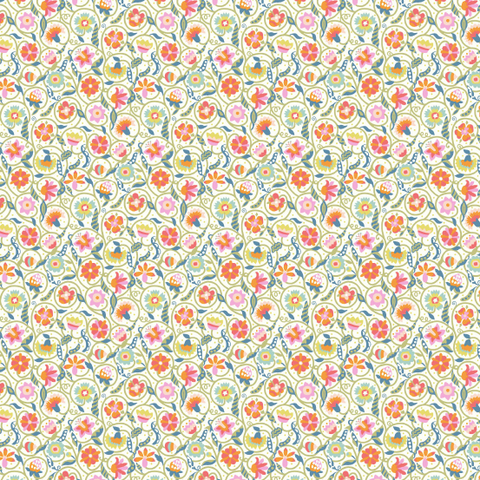Pattern of small flowers and leaves on a light green background