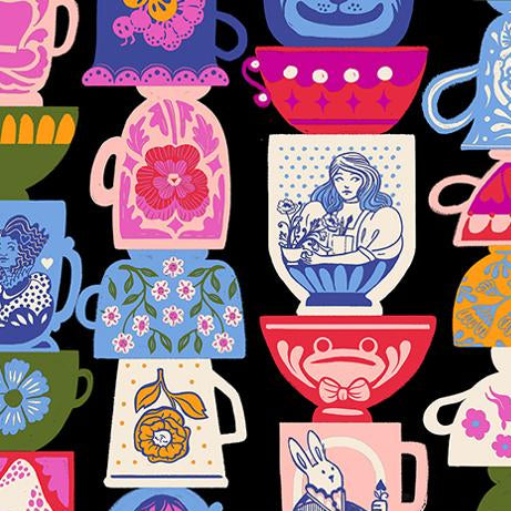 Colorful fabric pattern with illustrated teacups and mugs on a black background.
