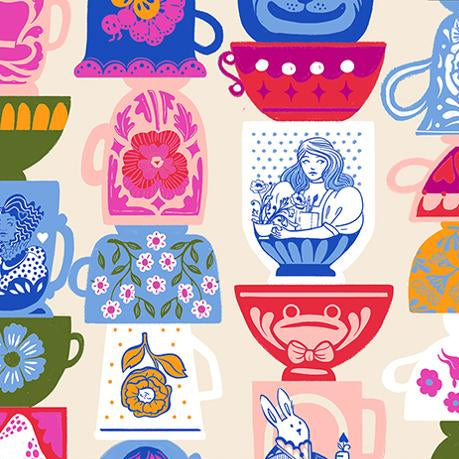 Pattern of colorful teacups and bowls with floral and abstract designs on a beige background.