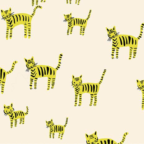 Pattern of yellow and black striped cats on a beige 