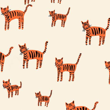 Pattern of orange and black striped cats on a beige background 