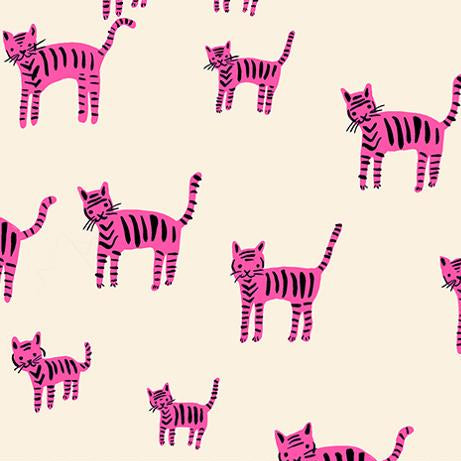 Pattern of pink striped cats on a beige background 
