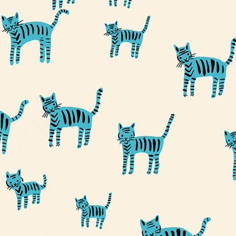 Pattern of blue striped cats on a beige background 