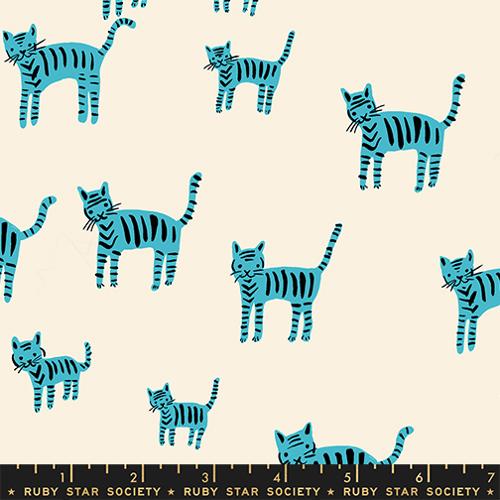 Pattern of blue striped cats on a beige background with Ruby Star Society label at the bottom.