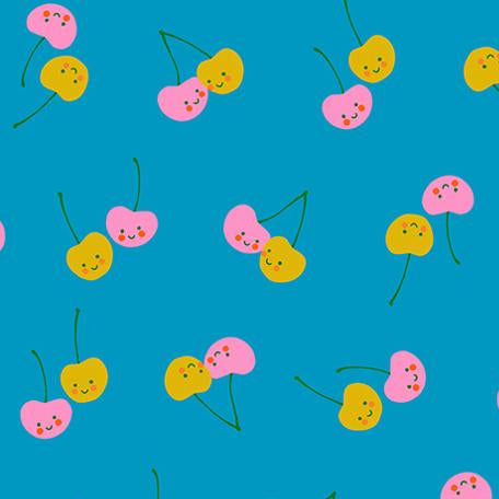 Pattern of colorful cherries on a blue background 