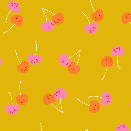 Pattern of cartoon cherries on a yellow background 