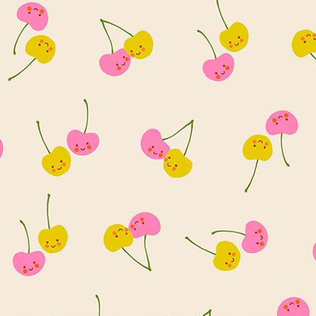 Pattern of cartoon-style cherries on a beige background