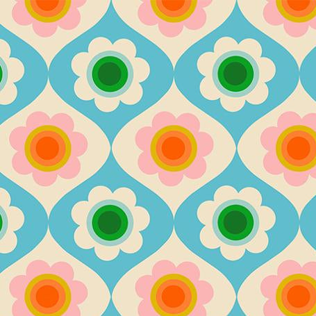 Patterned fabric with flowers and geometric shapes on a blue background,