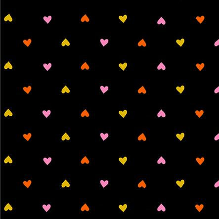 Pattern of colorful hearts on a black background