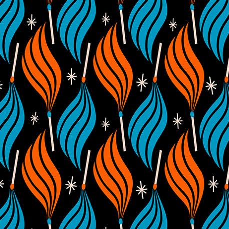 Pattern of blue and orange brooms with white stars on a black background,