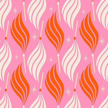 Patterned fabric with red and white abstract designs on a pink background,