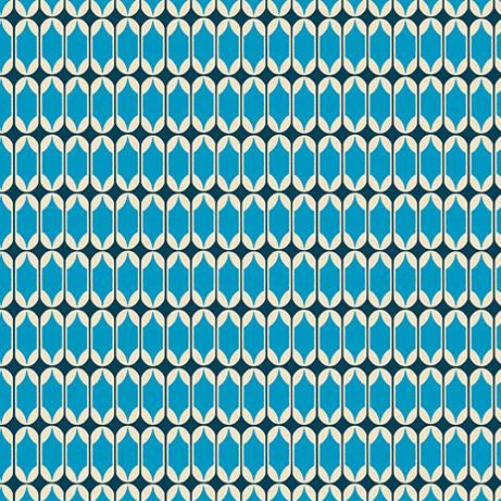 Patterned fabric swatch with blue and white geometric design on a navy background