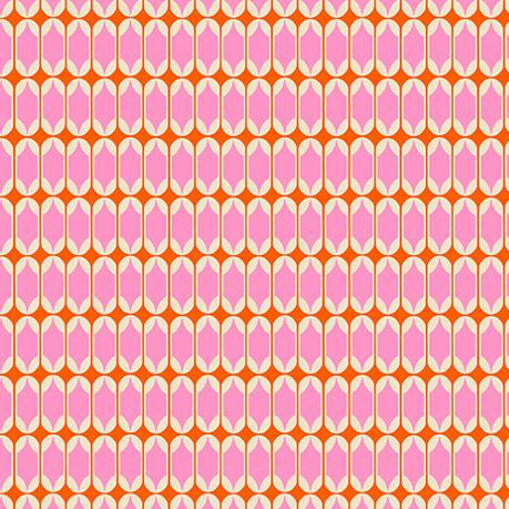 Patterned fabric with pink shapes on an orange background