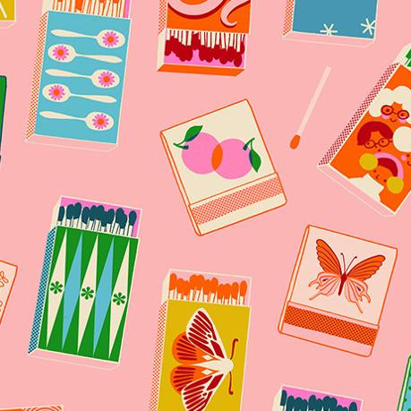 Pattern of colorful matchboxes and cards on a pink background