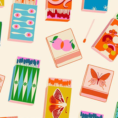 Pattern of colorful matchboxes with illustrations on a beige background,