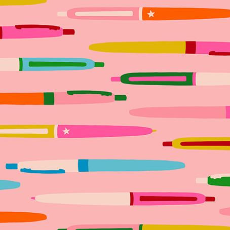 Pattern of colorful pens on a pink background 