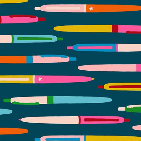 Pattern of colorful pens on a blue background 