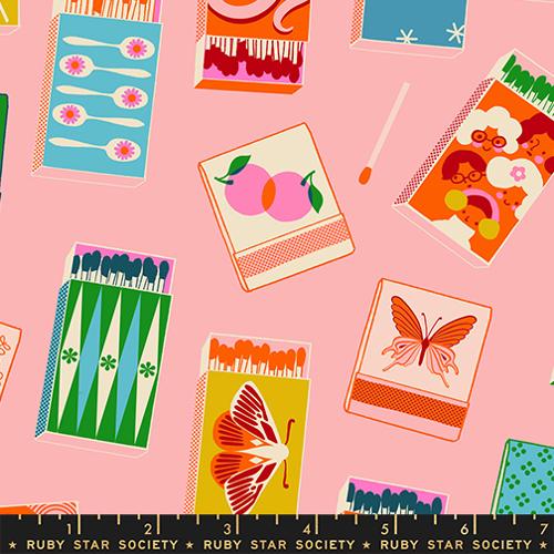 Pattern of colorful matchboxes and cards on a pink background with Ruby Star Society label.