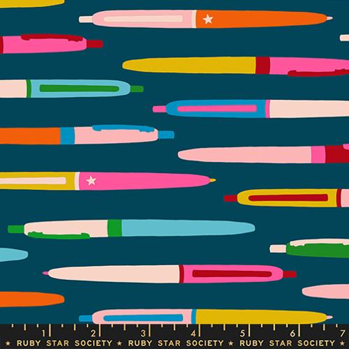 Pattern of colorful pens on a blue background with Ruby Star Society label.