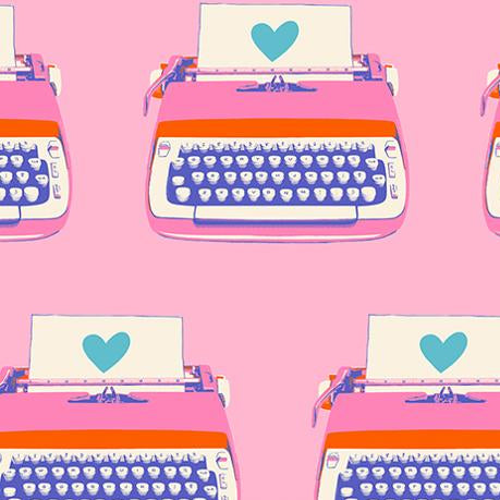 Pattern of pink typewriters with blue hearts on a pink background.