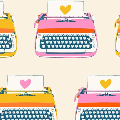 Pattern of colorful typewriters with hearts on a beige background.
