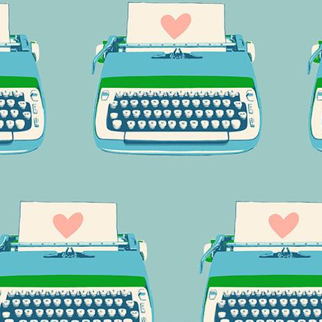 Pattern of blue typewriters with pink hearts on light blue background.