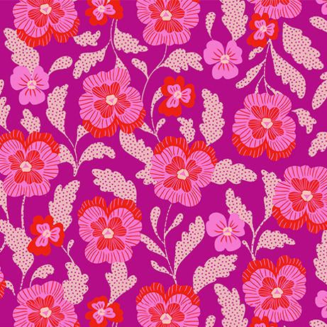 Floral pattern fabric swatch with pink and red flowers on a purple background