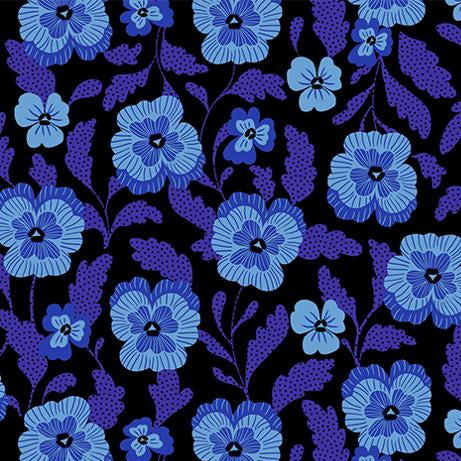 Floral pattern with blue and purple flowers on a black background.