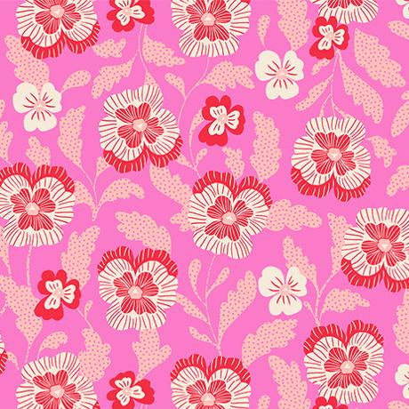 Floral pattern fabric with red and white flowers on a pink background
