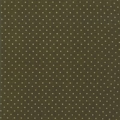 A close-up of a fabric or wallpaper pattern featuring a dark olive green background with a repeating grid of small cream-colored stars.