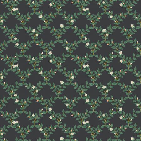 Floral pattern with green leaves and white flowers on a dark background