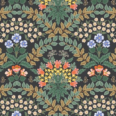 Decorative floral pattern with flowers and leaves on a dark background