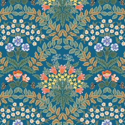 Mandala design with flowers and leaves on a blue background