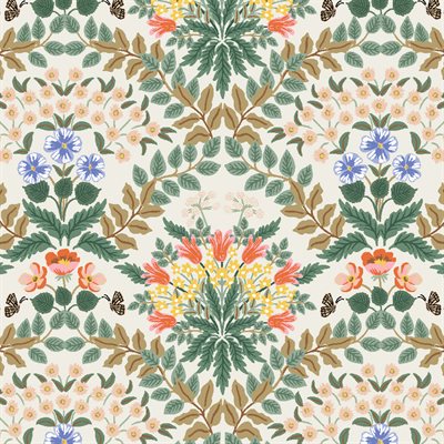 Patterned fabric with floral and leaf design on a white background