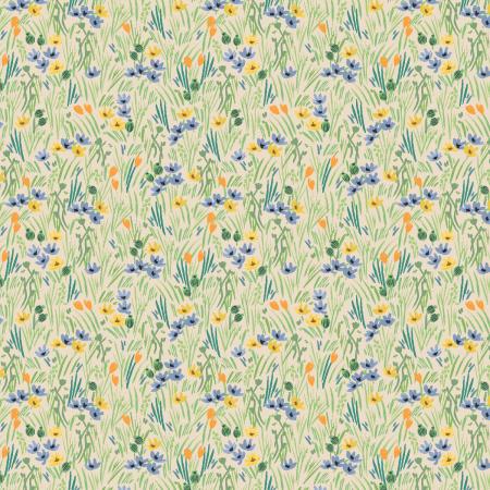 Pattern of small flowers and plants on a light green background