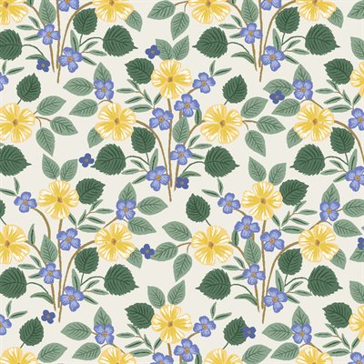 Pattern of green leaves, yellow flowers, and blue flowers on a white background