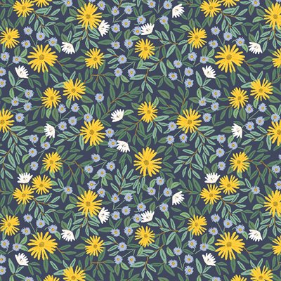 Pattern of yellow and white flowers on a dark blue background