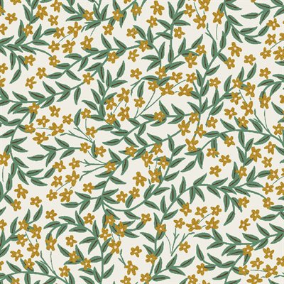 Pattern of small yellow flowers and green leaves on a white background