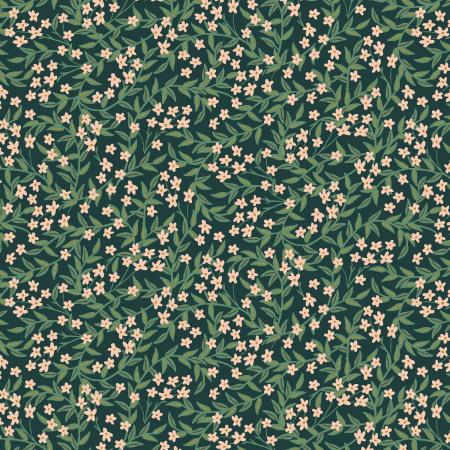 Small floral pattern with green leaves and pink flowers on a dark green background