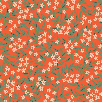 Floral pattern with small white flowers and green leaves on a red background