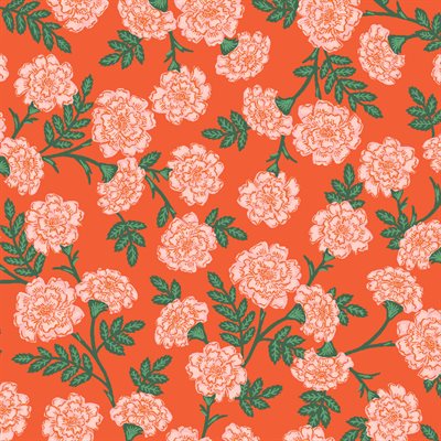 Floral pattern with pink flowers and green leaves on an orange background