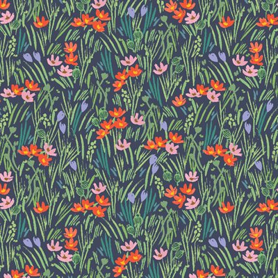 Pattern of colorful flowers and leaves on a dark blue background