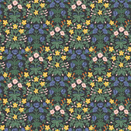 Pattern of colorful flowers and leaves on a dark background